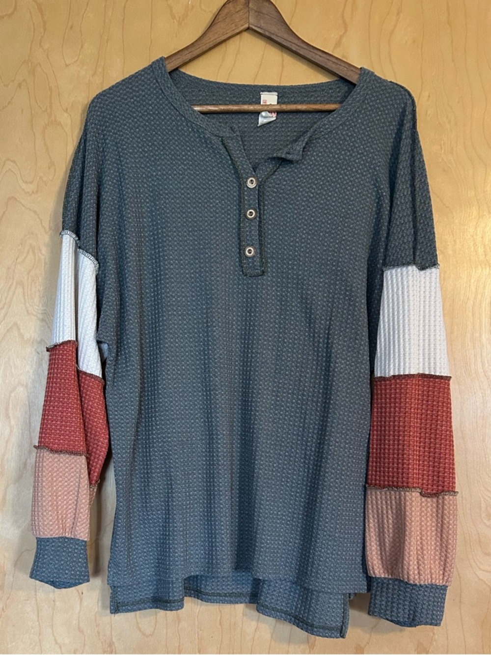 Waffle Knit Henley Top with Colorblock Sleeves